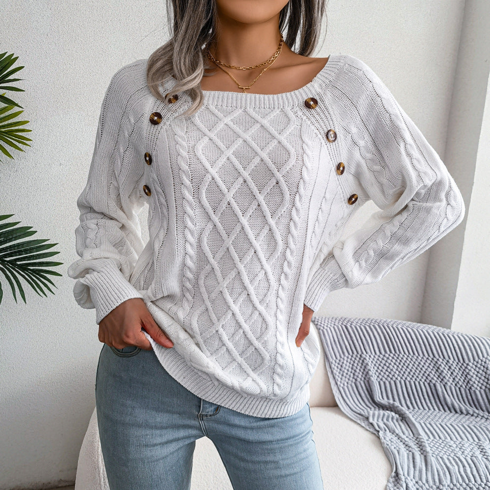 Square Neck Button Twist Knitting Sweater