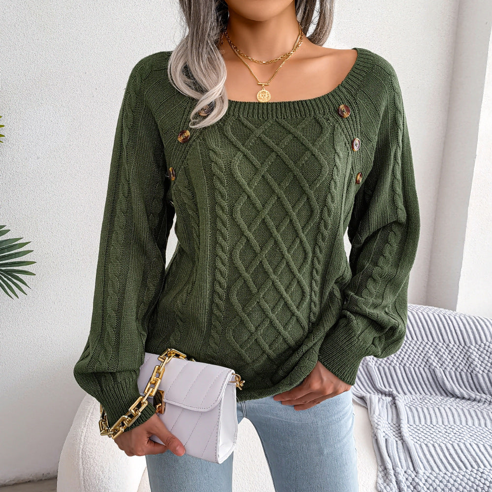 Square Neck Button Twist Knitting Sweater