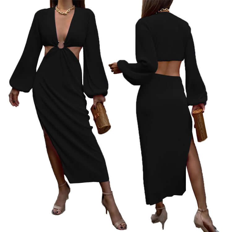 Woman elegantly modeling Flashfy's autumn pleated waistless dress, showcasing its flow and design.
