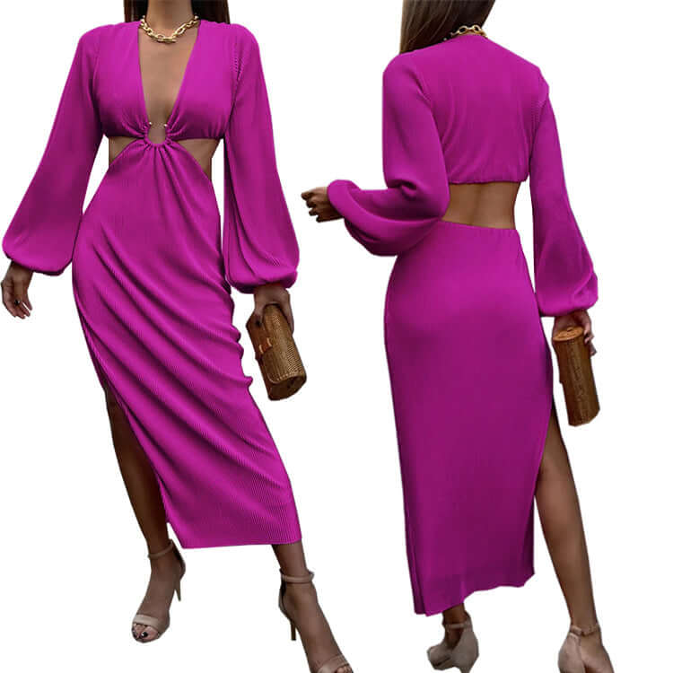 Woman elegantly modeling Flashfy's autumn pleated waistless dress, showcasing its flow and design.