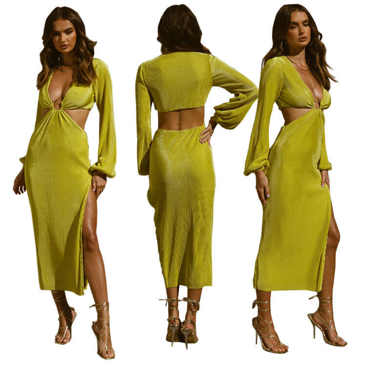 Woman elegantly modeling Flashfy's autumn pleated waistless dress, showcasing its flow and design.