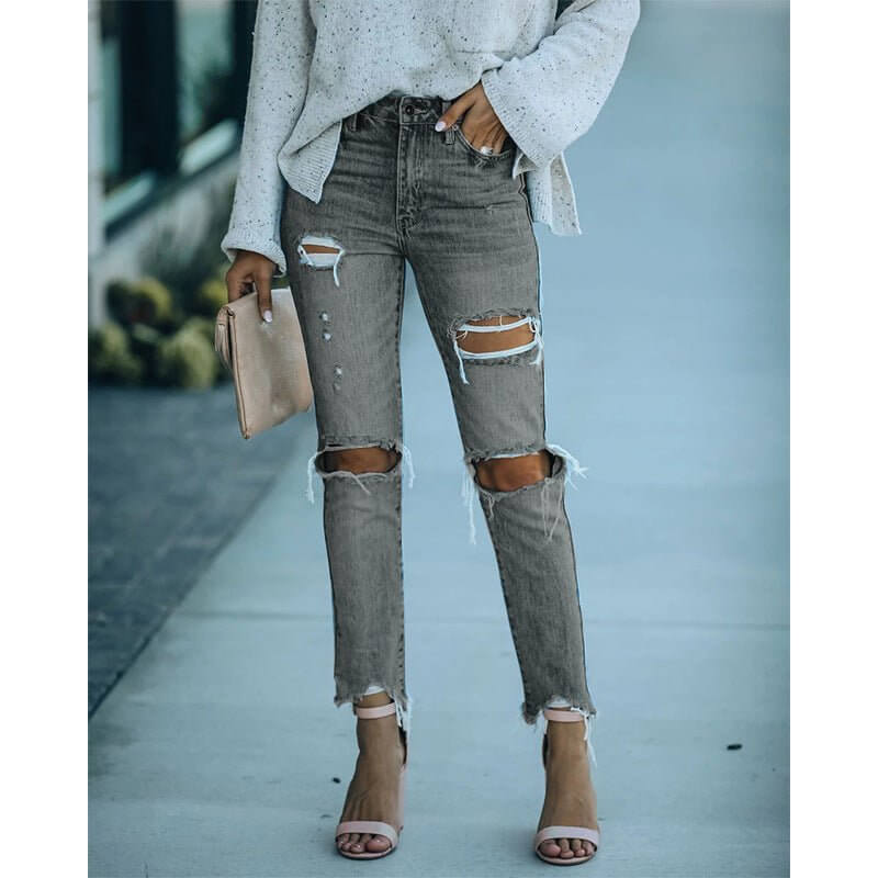 Autumn & Winter Denim Holes Trousers - Flashfy
