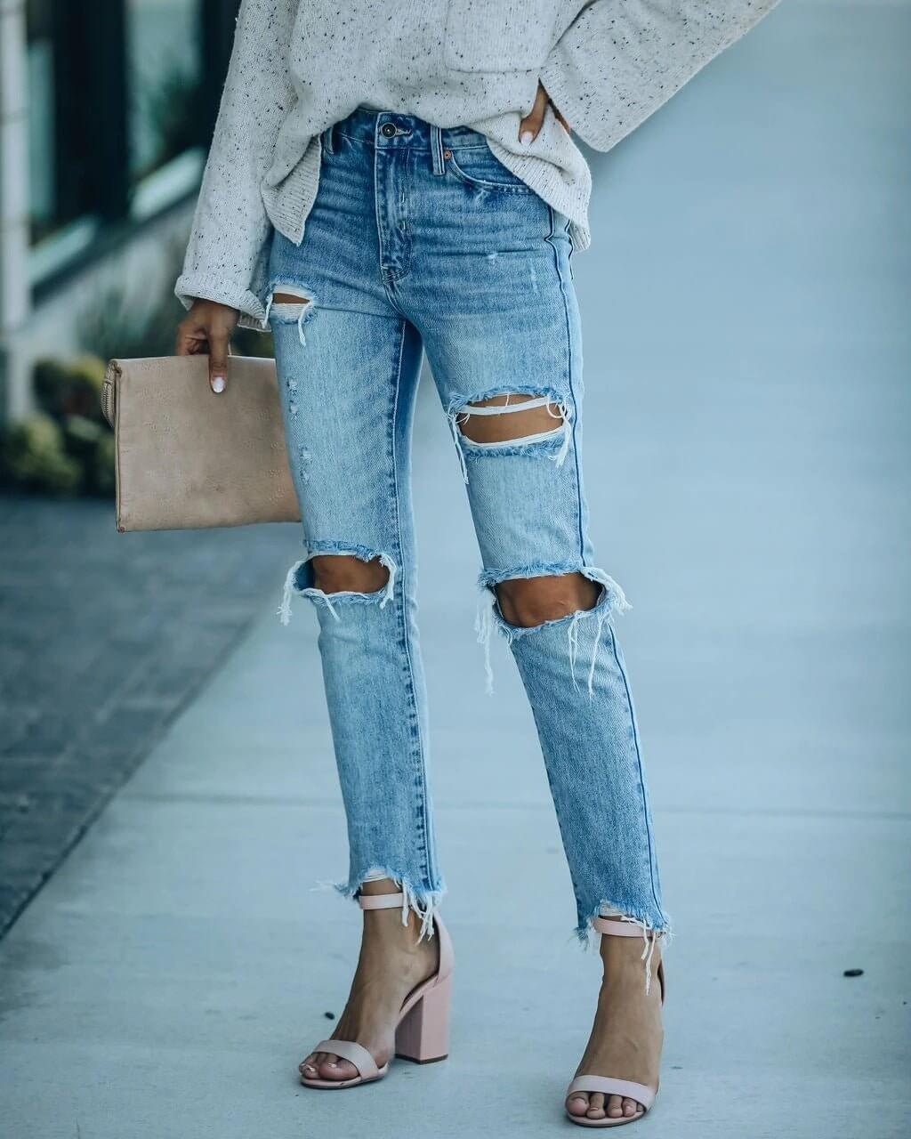Autumn & Winter Denim Holes Trousers - Flashfy