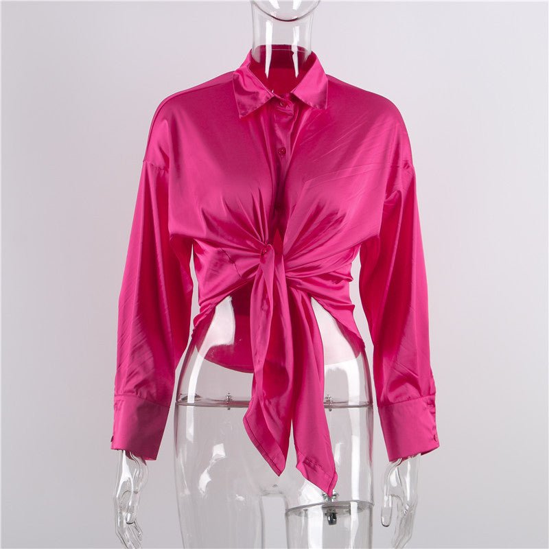Elegant Satin Lace-up Long-sleeved Top - Flashfy