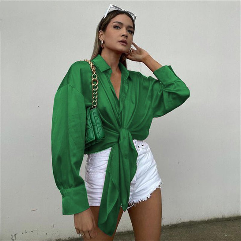 Elegant Satin Lace-up Long-sleeved Top - Flashfy