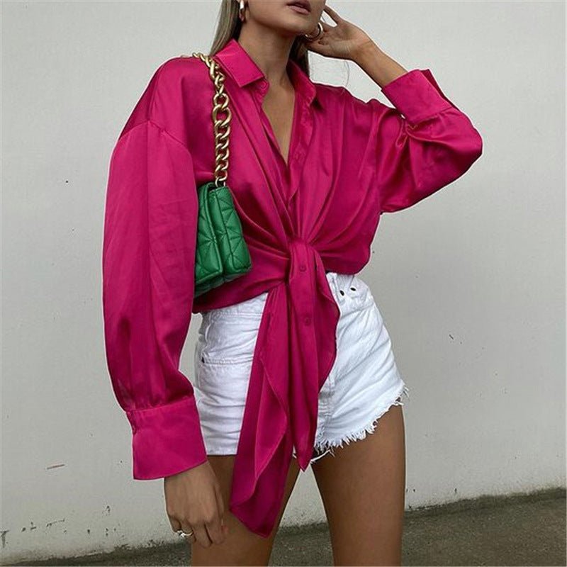 Elegant Satin Lace-up Long-sleeved Top - Flashfy