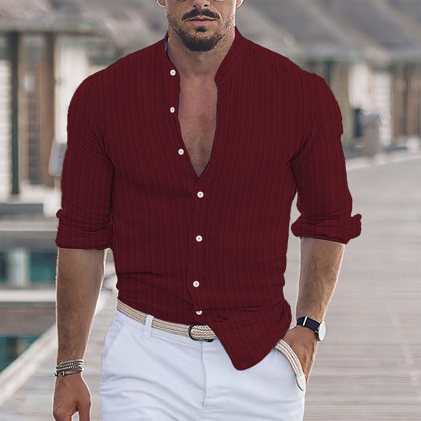 Euro-American Cotton-Linen Jacquard Stripe Shirt - Flashfy