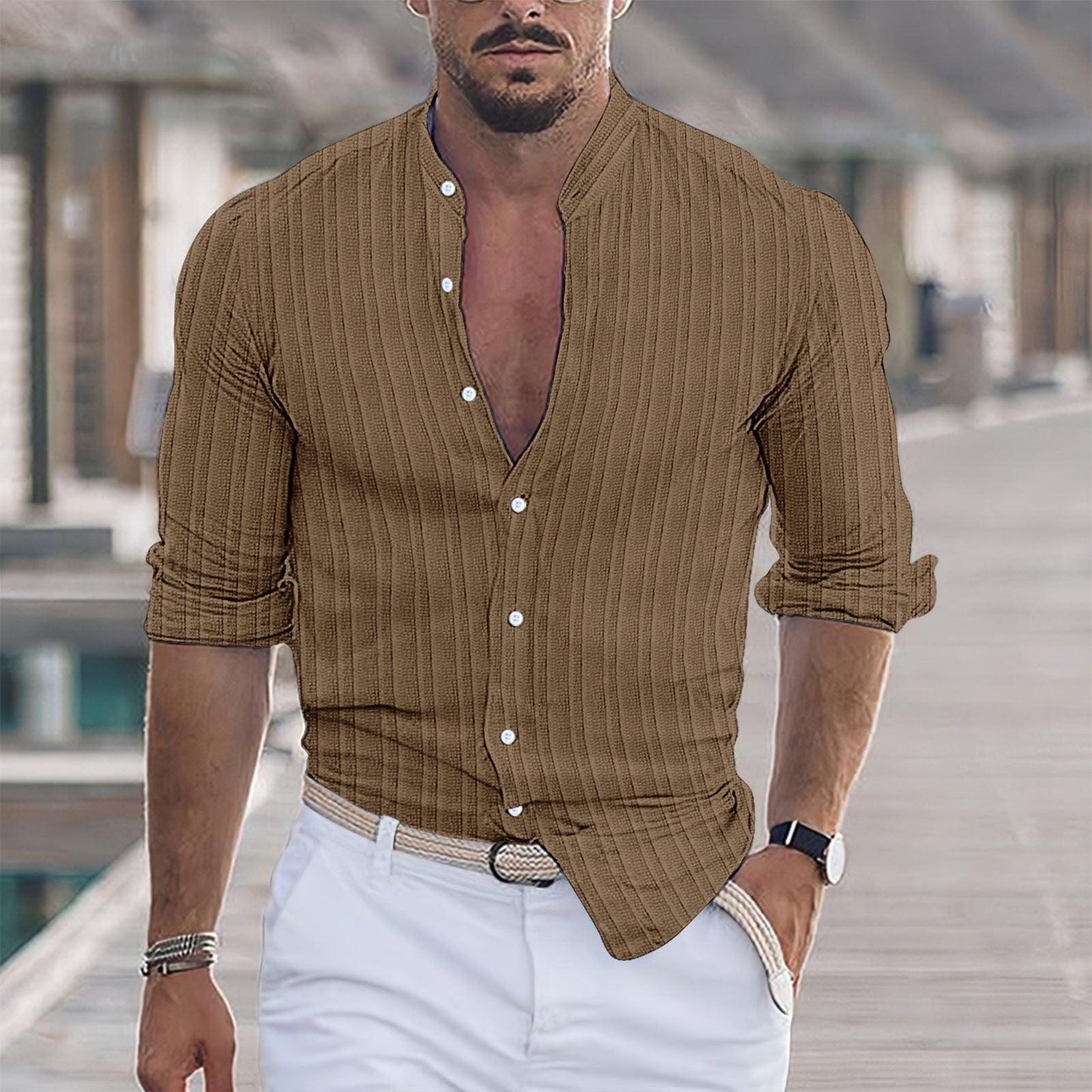 Euro-American Cotton-Linen Jacquard Stripe Shirt - Flashfy
