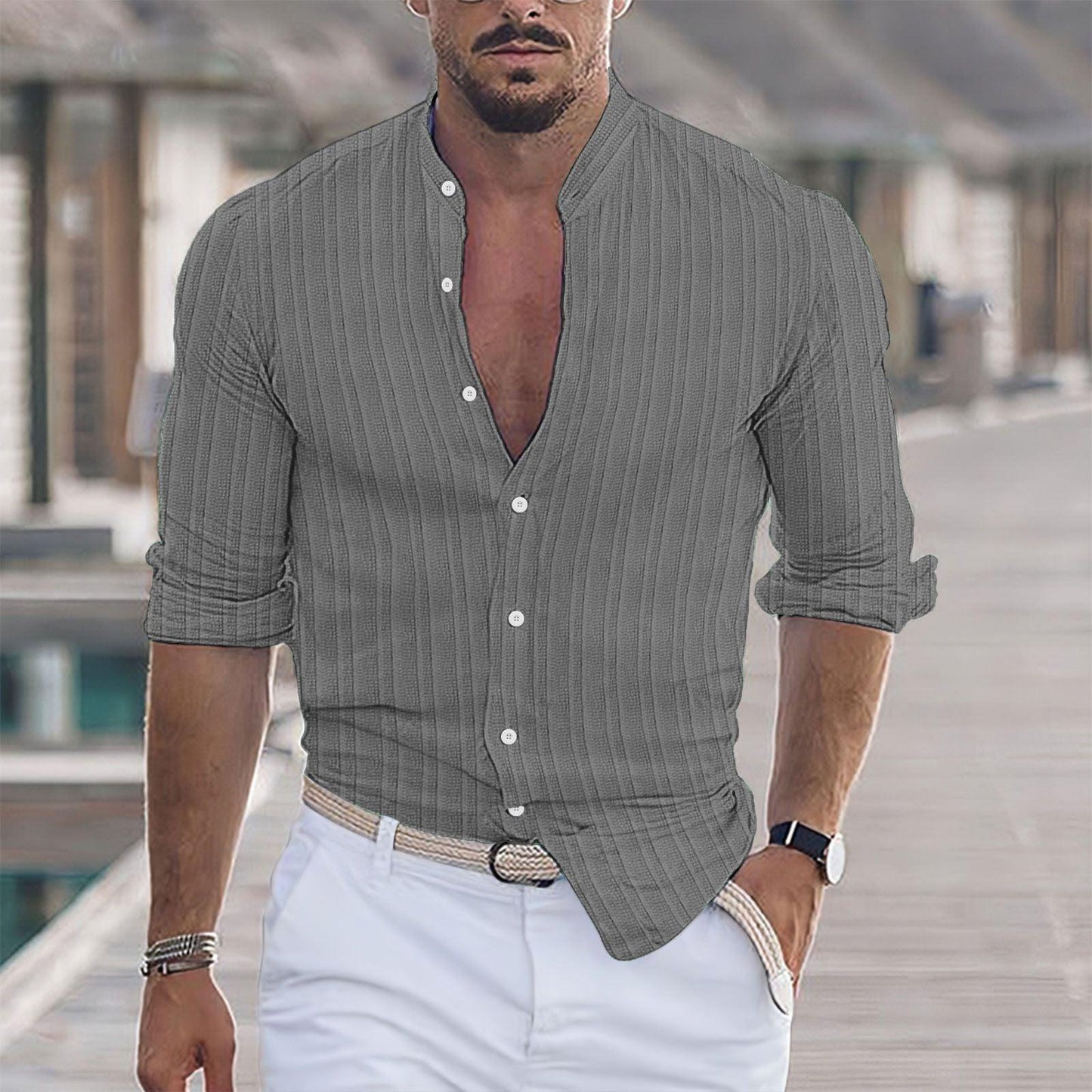 Euro-American Cotton-Linen Jacquard Stripe Shirt - Flashfy