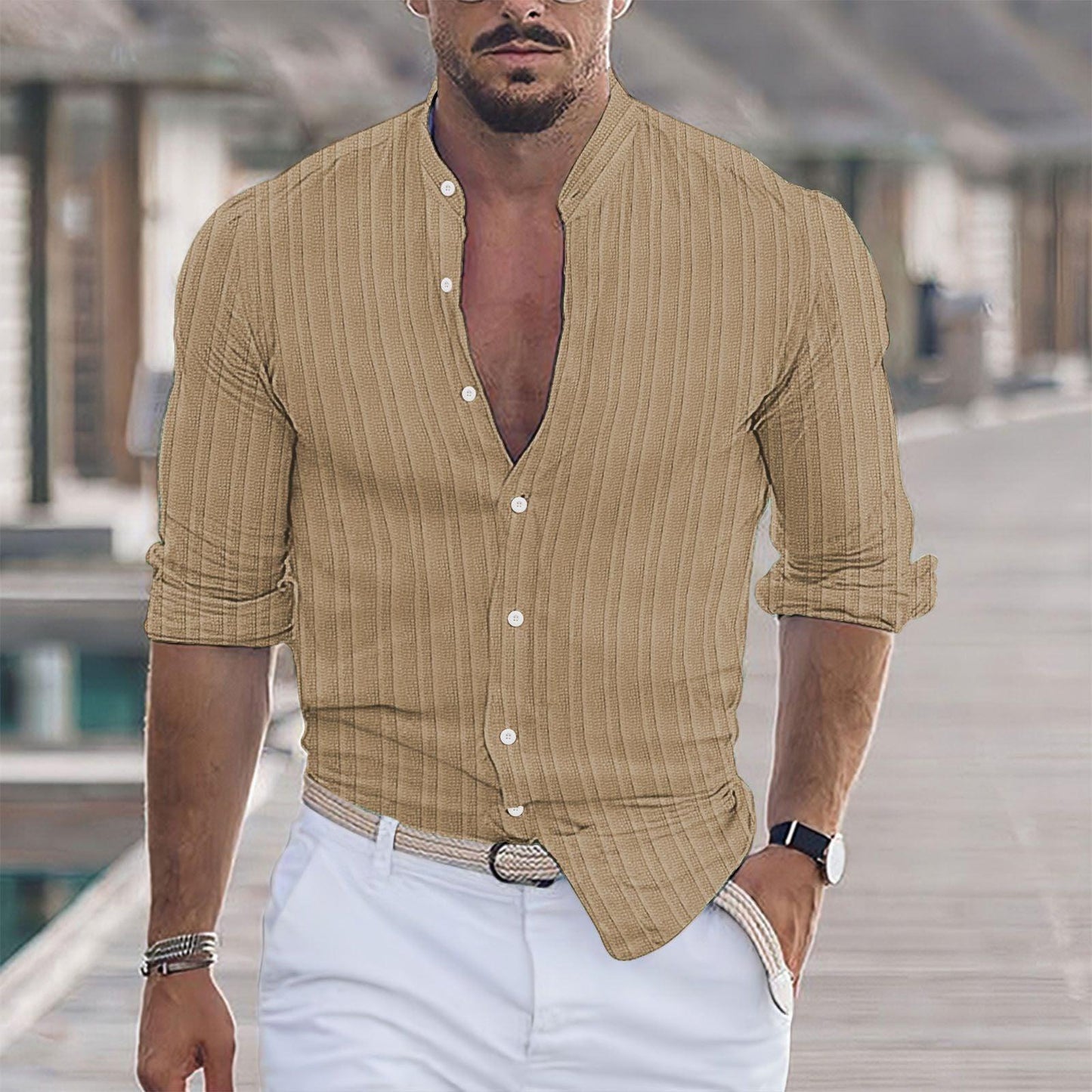 Euro-American Cotton-Linen Jacquard Stripe Shirt - Flashfy