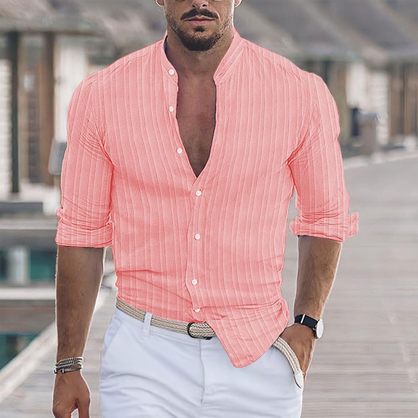 Euro-American Cotton-Linen Jacquard Stripe Shirt - Flashfy