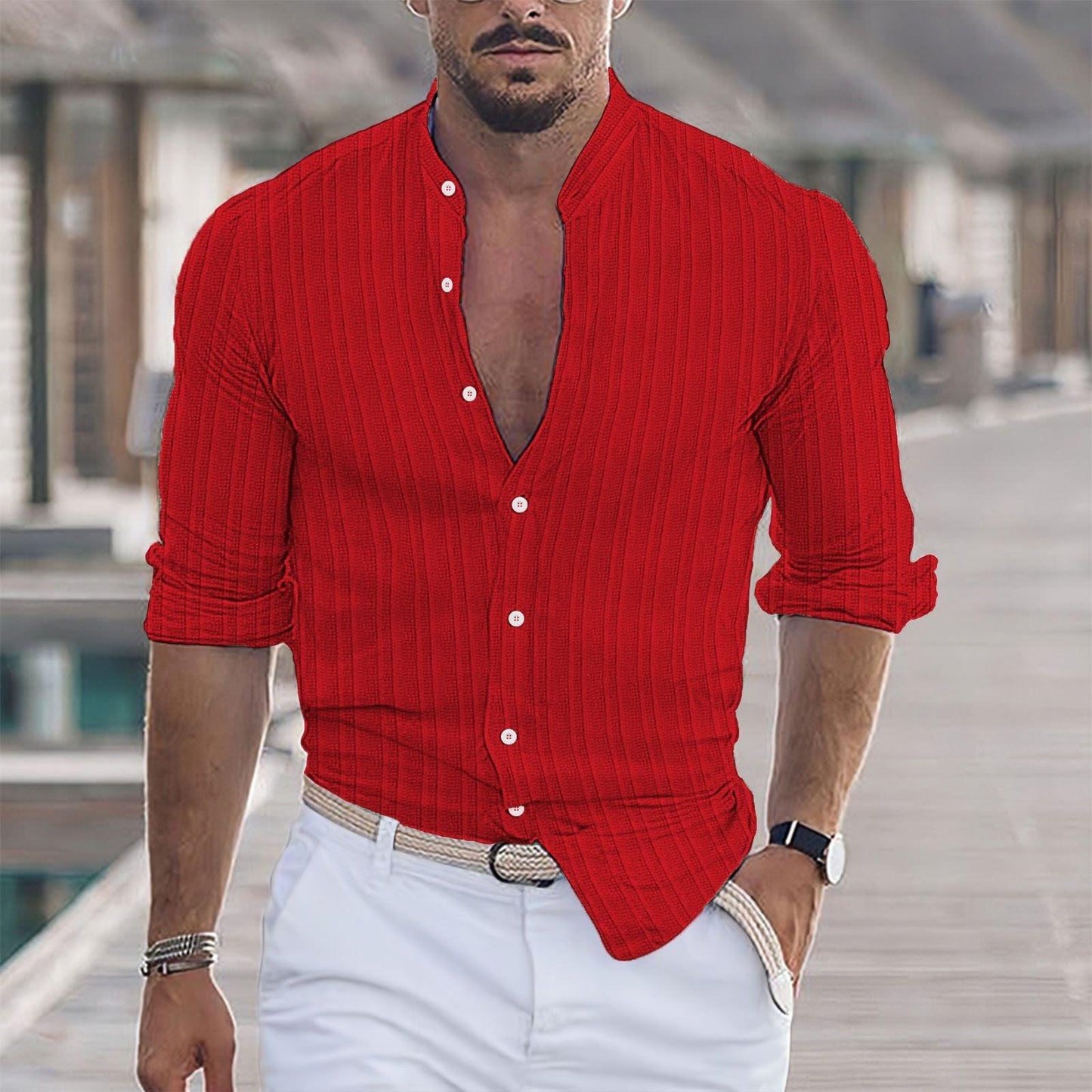 Euro-American Cotton-Linen Jacquard Stripe Shirt - Flashfy