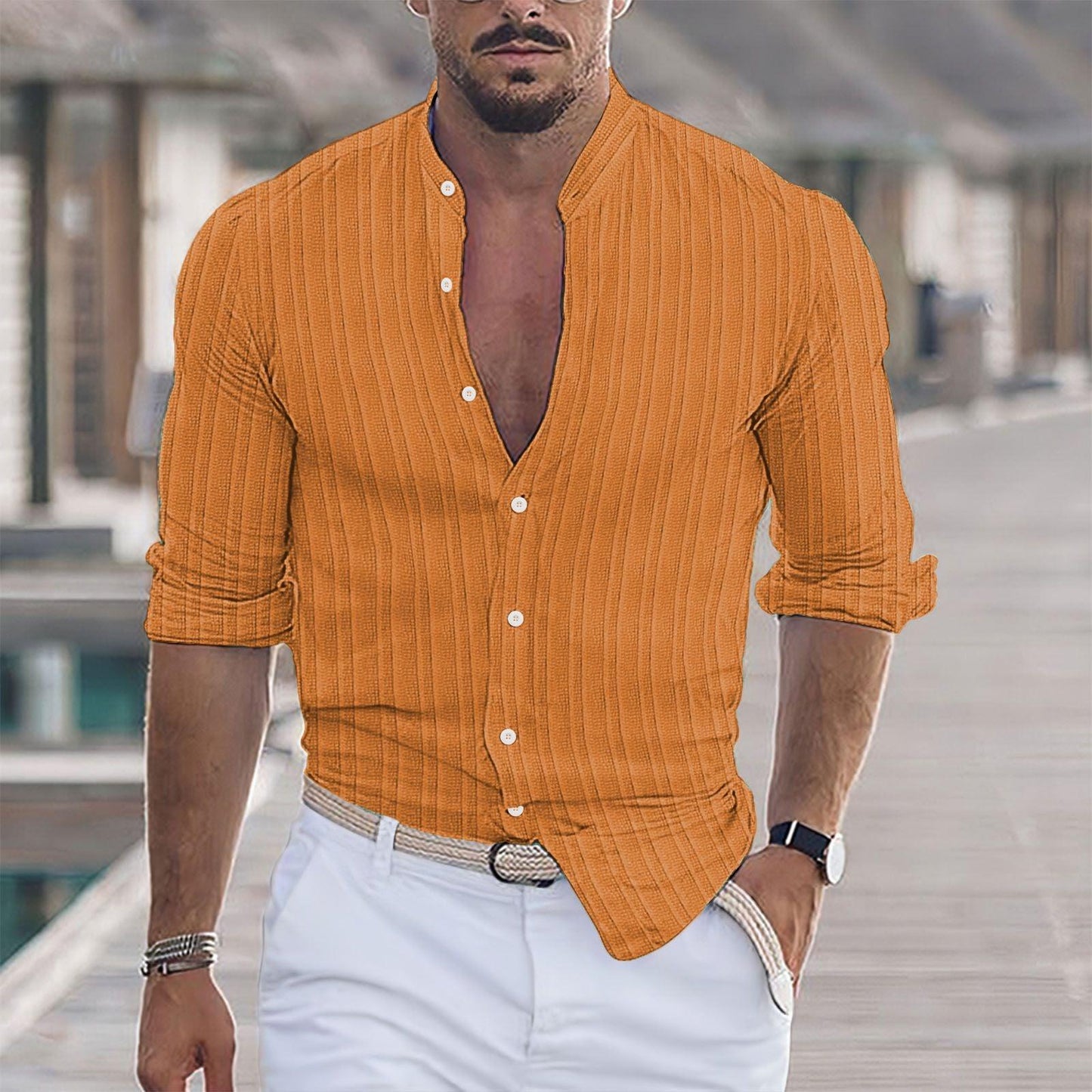 Euro-American Cotton-Linen Jacquard Stripe Shirt - Flashfy