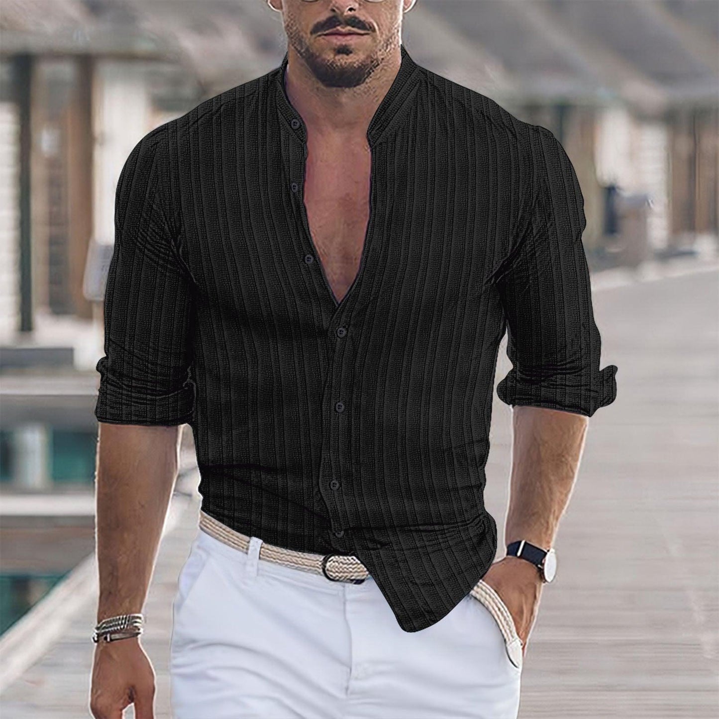 Euro-American Cotton-Linen Jacquard Stripe Shirt - Flashfy