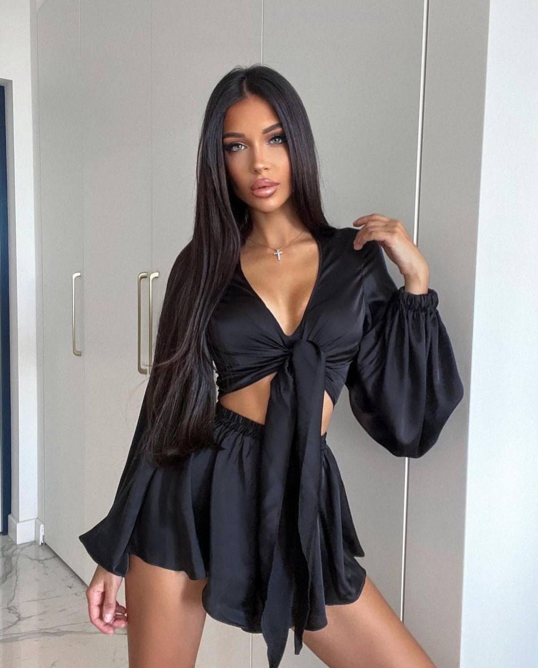 French-Inspired Long Sleeve Top & Shorts Set for Women - Flashfy
