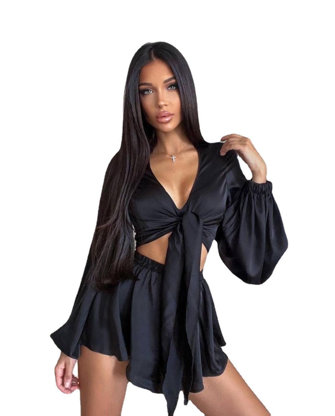 French-Inspired Long Sleeve Top & Shorts Set for Women - Flashfy