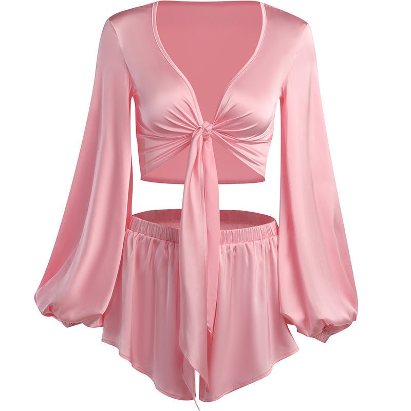 Lace-Up Long-Sleeved Top with Shorts Set for Women - Flashfy