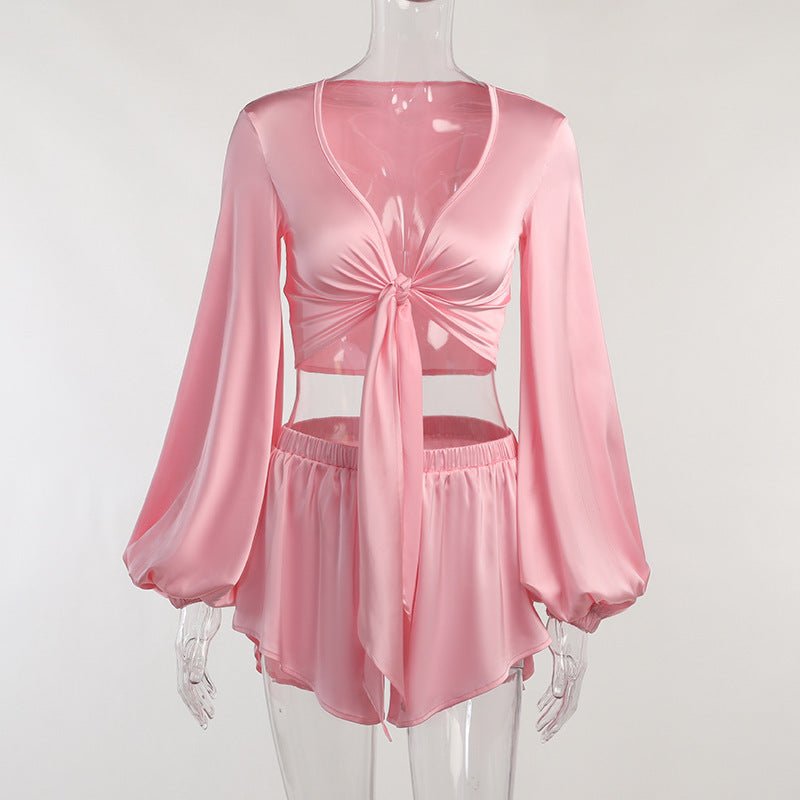 Lace-Up Long-Sleeved Top with Shorts Set for Women - Flashfy