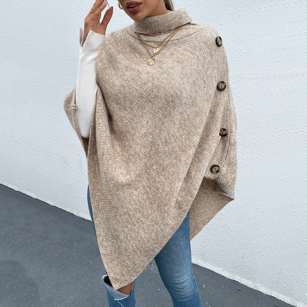 Ladies High Neck Pullover Button Embellished Knitted Cape Sweater - Flashfy