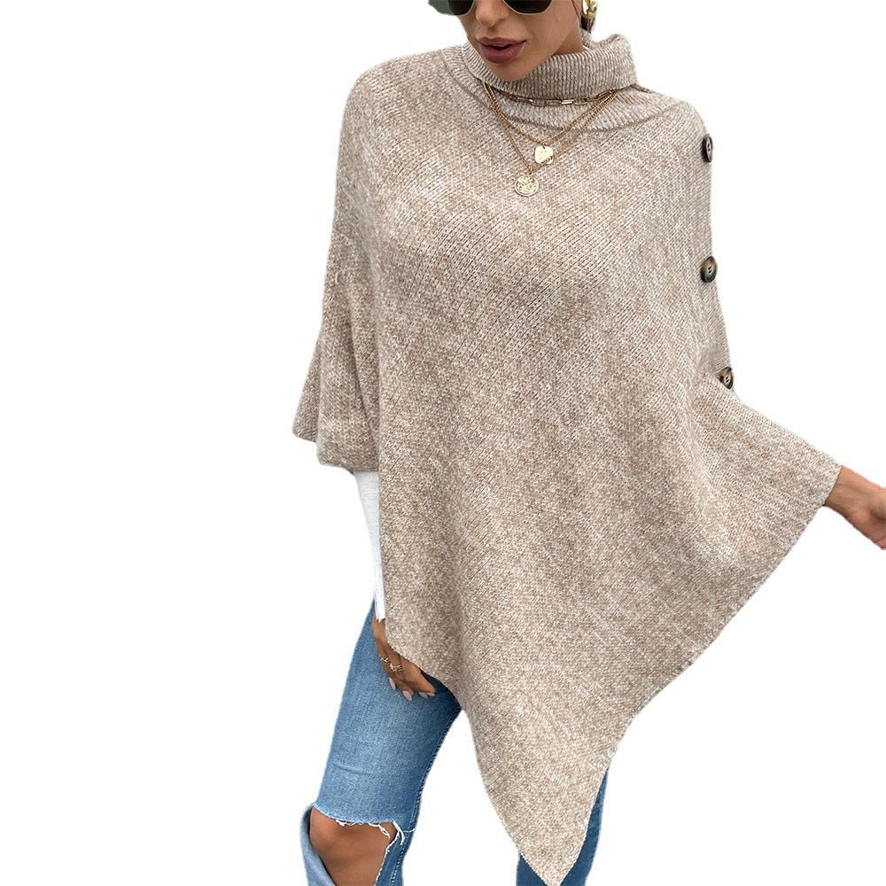 Ladies High Neck Pullover Button Embellished Knitted Cape Sweater - Flashfy