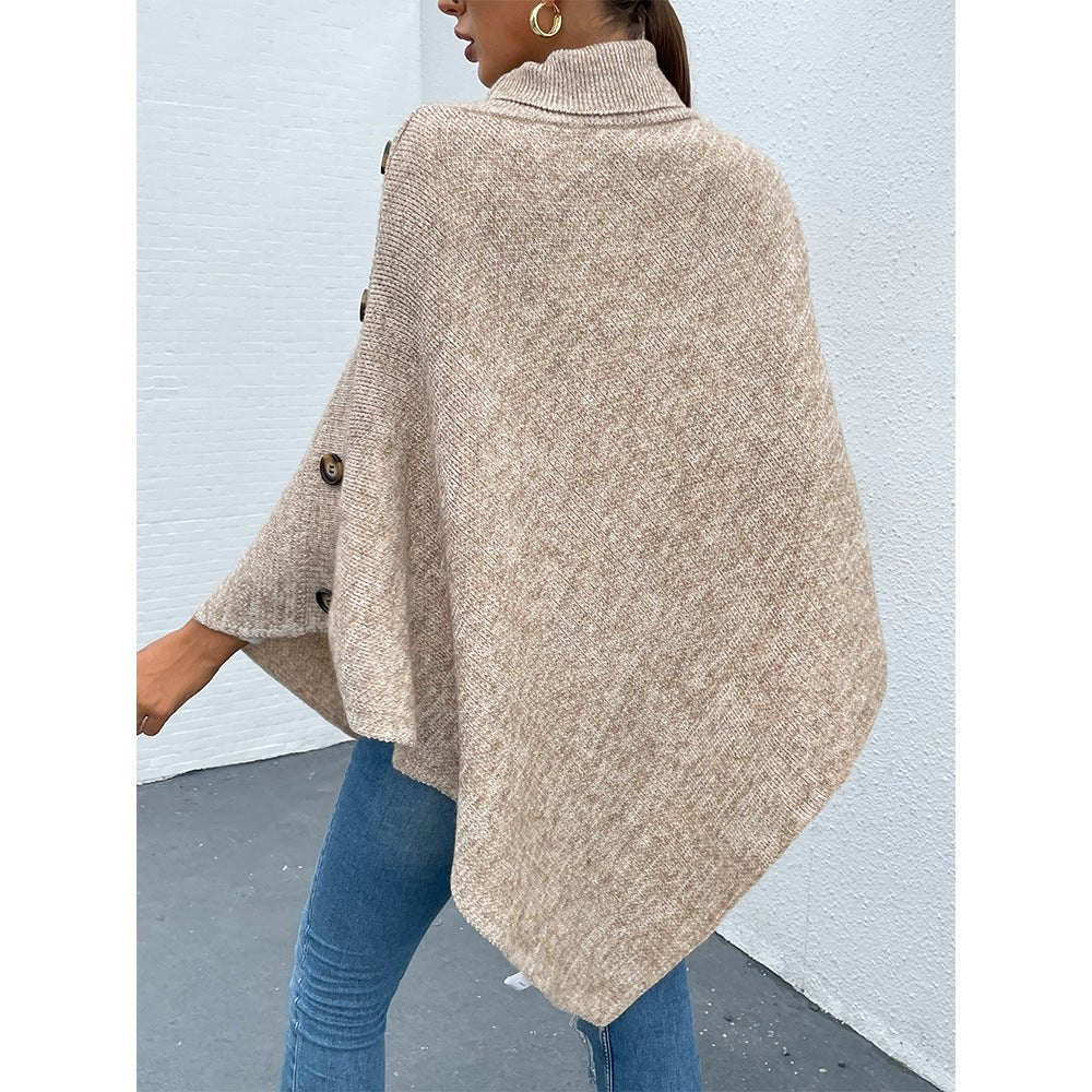 Ladies High Neck Pullover Button Embellished Knitted Cape Sweater - Flashfy