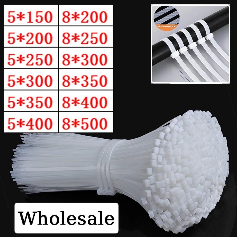 Large Nylon Zip Tie White Self-Locking Cable Tie 5*200mm High Strength Fixed Belt Tie Industrial Binding Rope 5*350mm 8*400mm - Flashfy