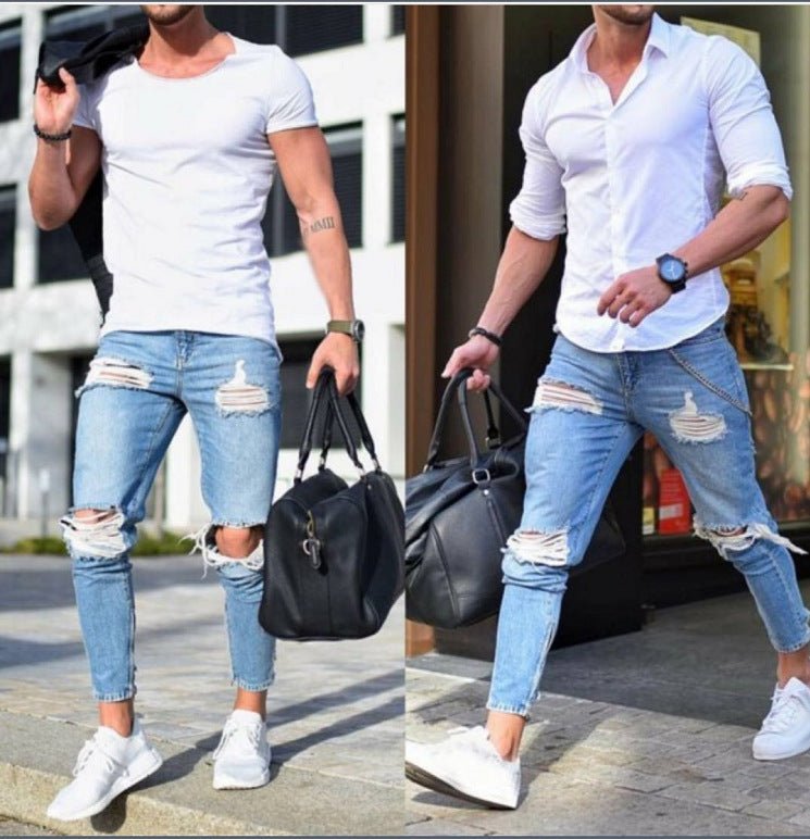 Men's Skinny Jeans Light Color Hole Skinny Pants - Flashfy
