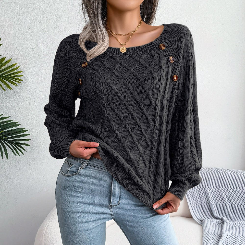 Square Neck Button Twist Knitting Sweater - Flashfy