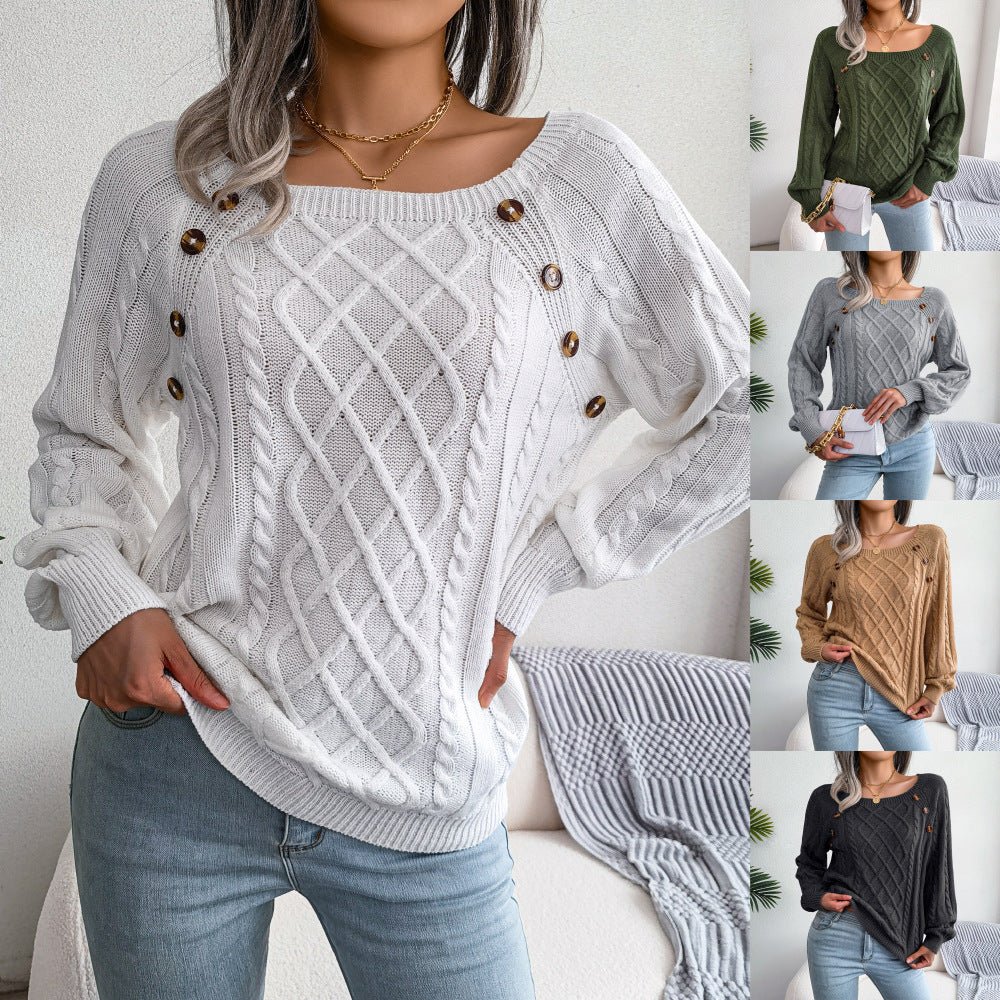 Square Neck Button Twist Knitting Sweater - Flashfy