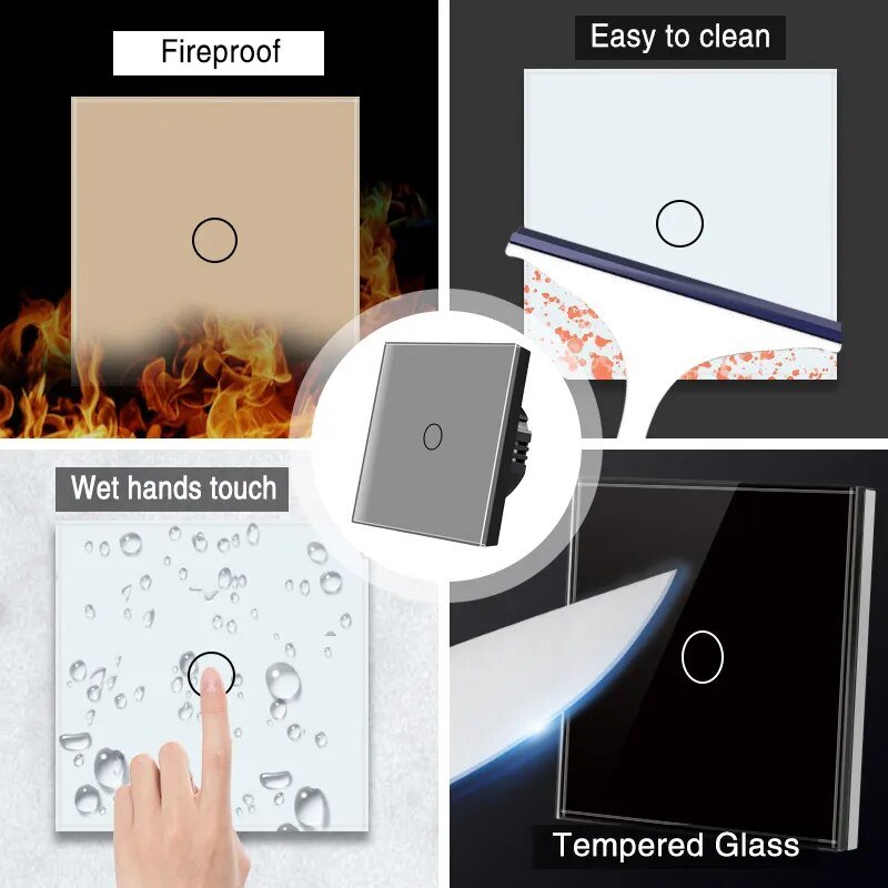 UBARO EU/UK Standard Crystal Tempered Glass Wall Panel Light Touch Switch Led Indicator Sensor Electrical Button 1/2/3Gang 220V - Flashfy