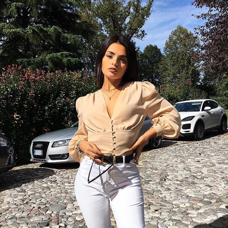 V-neck breasted lantern sleeve waist jacket - Flashfy