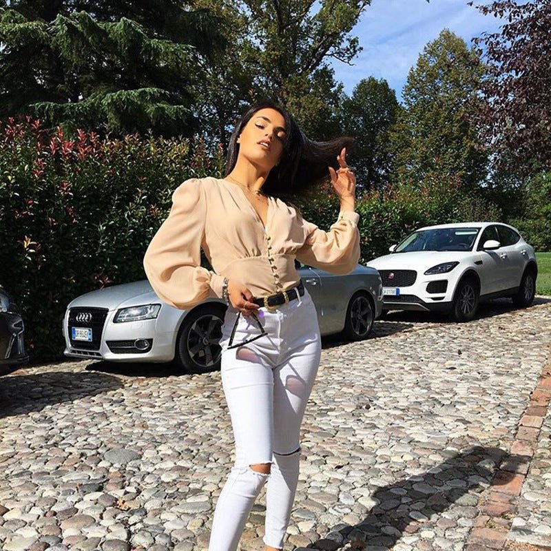 V-neck breasted lantern sleeve waist jacket - Flashfy