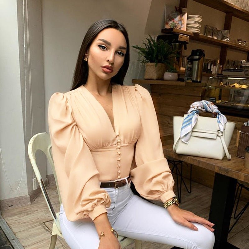V-neck breasted lantern sleeve waist jacket - Flashfy