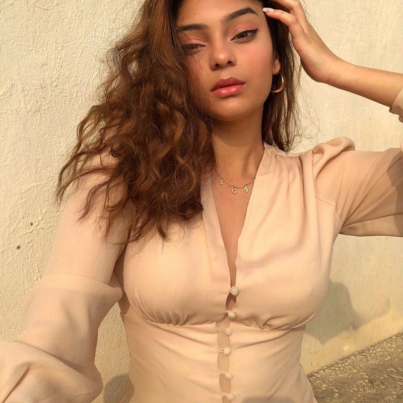 V-neck breasted lantern sleeve waist jacket - Flashfy