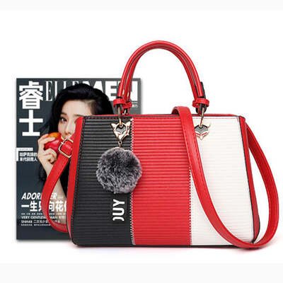 Women Hairball Ornaments Totes Patchwork Handbag - Flashfy