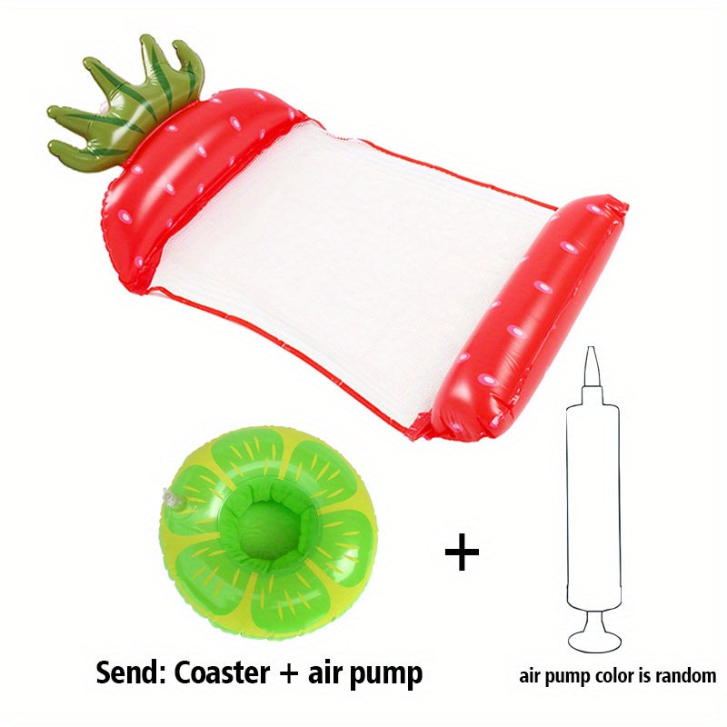 Flashfy  Inflatable strawberry-shaped coaster with green handle and air pump on a white background