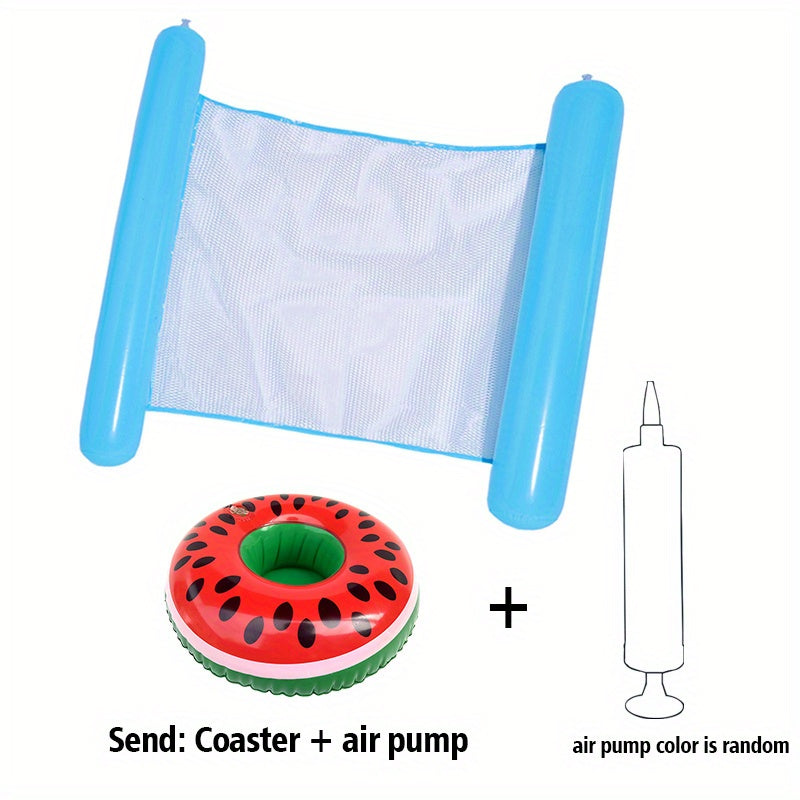 Flashfy  Inflatable pool coaster with watermelon design and air pump on a white background