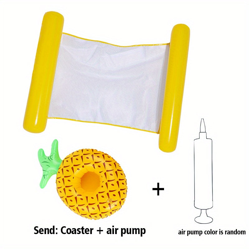 Flashfy Inflatable pool coaster with pineapple design and air pump on a white background