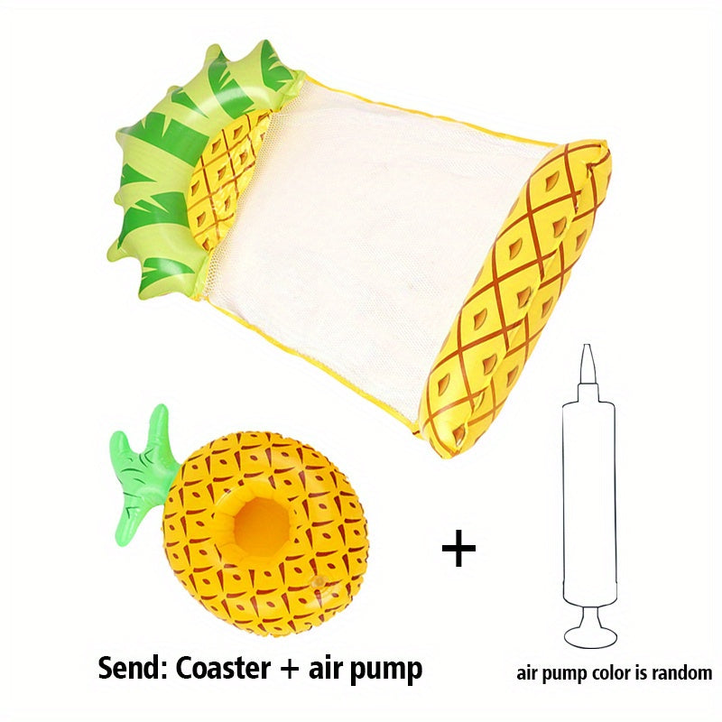Flashfy  Inflatable pineapple-shaped pool float with a small pineapple coaster and air pump on a white background.