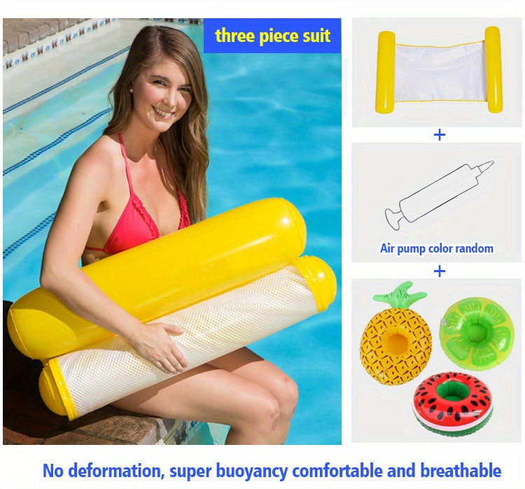 Woman holding a  Flashfy yellow inflatable pool float with poolside background