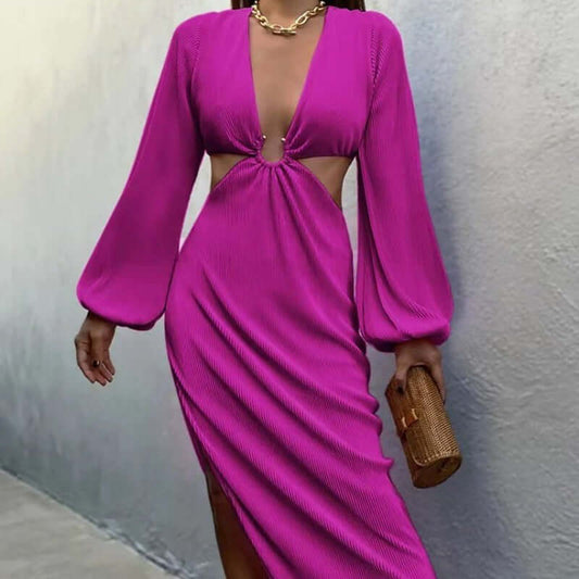 Woman elegantly modeling Flashfy's autumn pleated waistless dress, showcasing its flow and design.