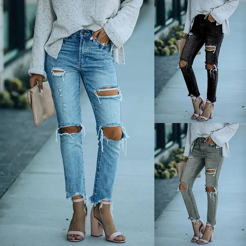 Autumn & Winter Denim Holes Trousers - Flashfy