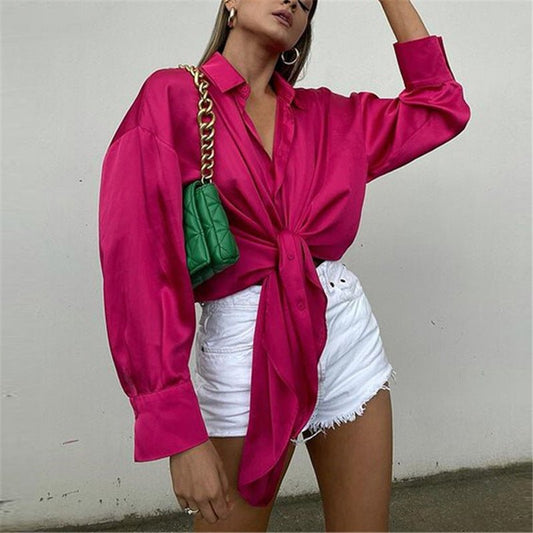 Elegant Satin Lace-up Long-sleeved Top - Flashfy