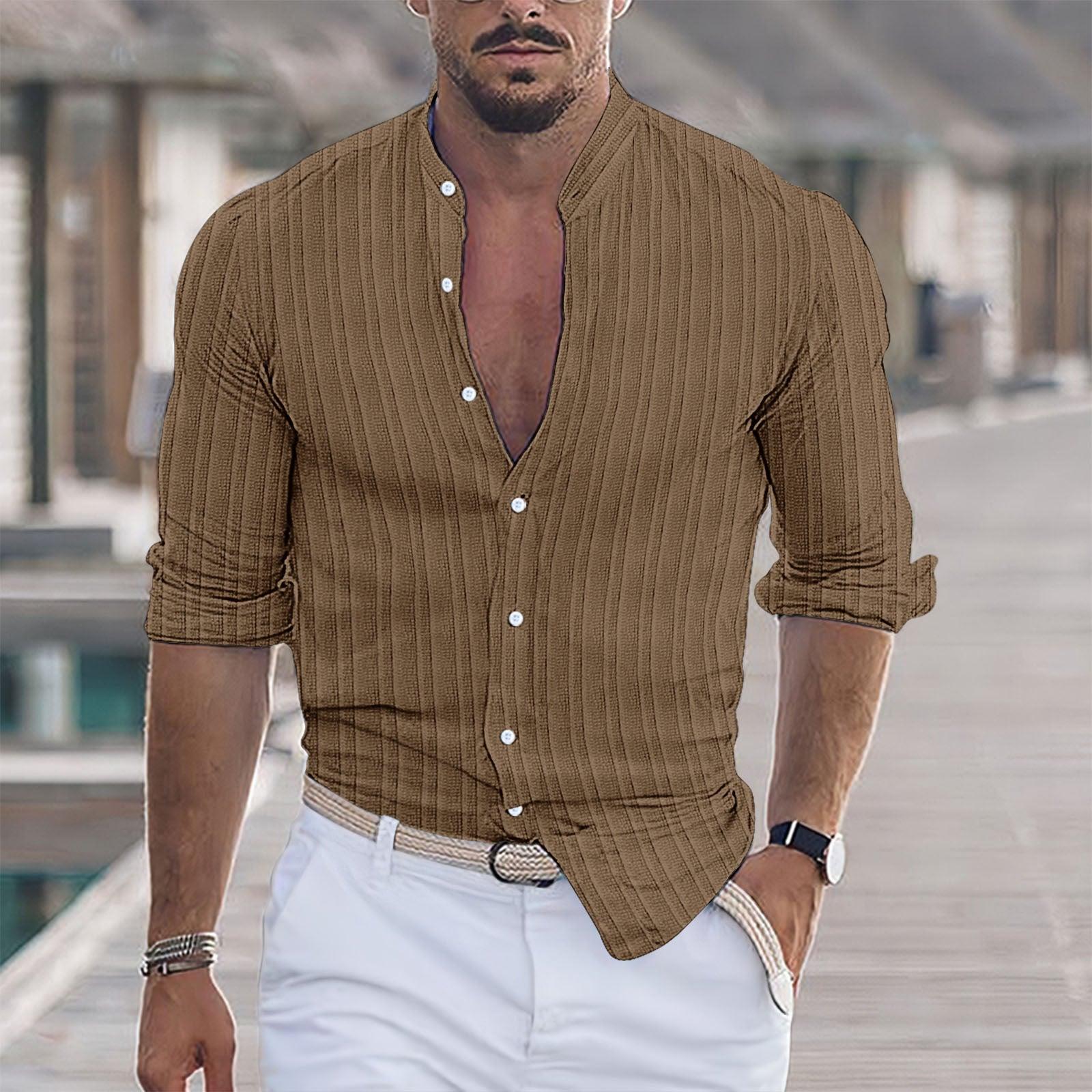 Euro-American Cotton-Linen Jacquard Stripe Shirt - Flashfy