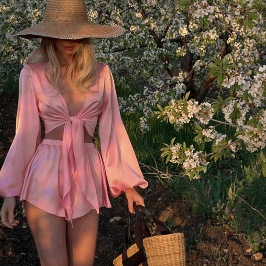 Lace-Up Long-Sleeved Top with Shorts Set for Women - Flashfy