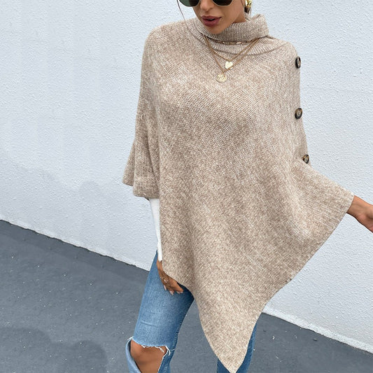 Ladies High Neck Pullover Button Embellished Knitted Cape Sweater - Flashfy