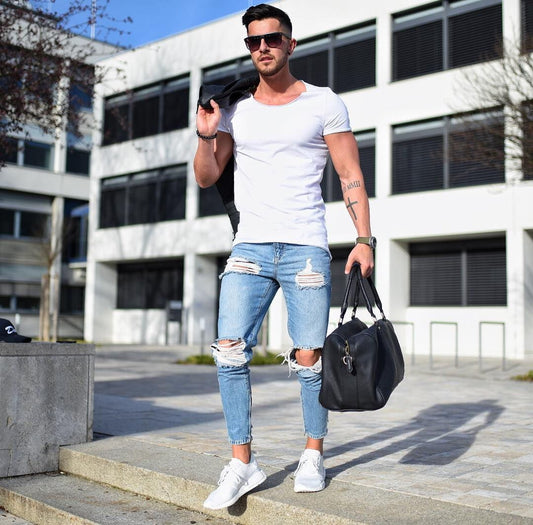 Men's Skinny Jeans Light Color Hole Skinny Pants - Flashfy