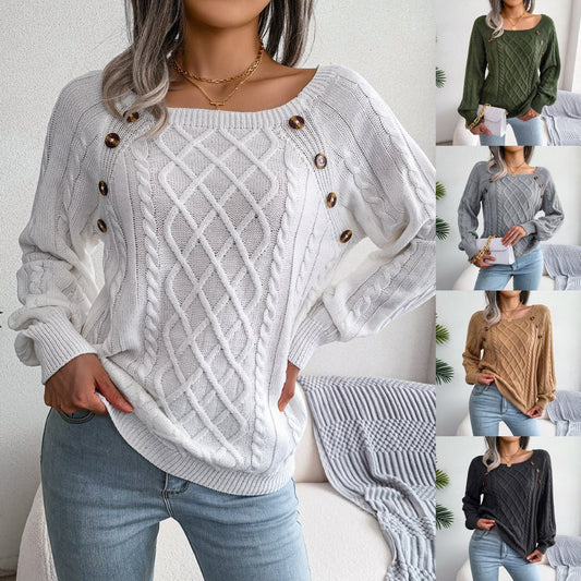 Square Neck Button Twist Knitting Sweater - Flashfy