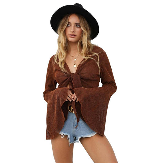 Trumpet Sleeve Cardigan Slim Short T-shirt - Flashfy