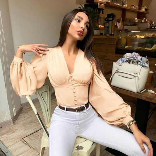 V-neck breasted lantern sleeve waist jacket - Flashfy